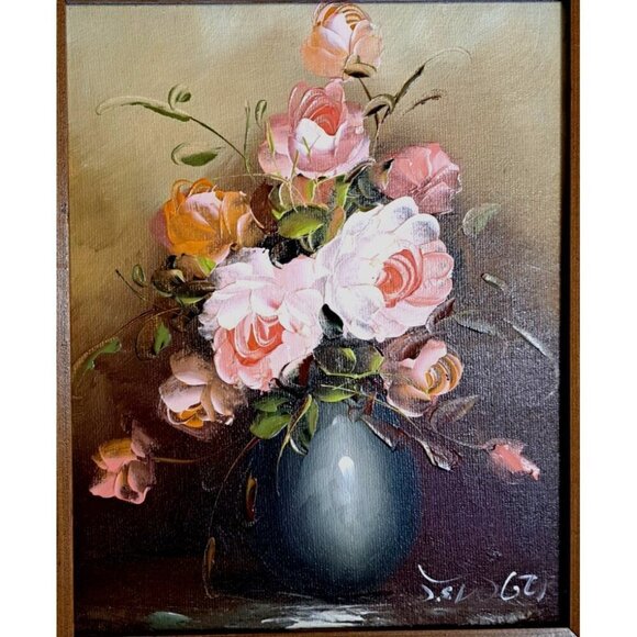 Pink Roses Still Life Oil Painting 17"x 14.5" Framed Matted Signed From Mexico - Picture 2 of 6